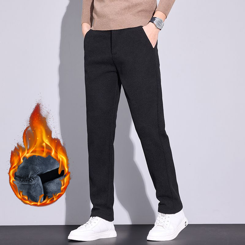 Thermal Fleece Lined Warm Jeans for Men Casual Business Straight Leg Plush Flocking Pants Winter Work Outdoor Denim Trousers