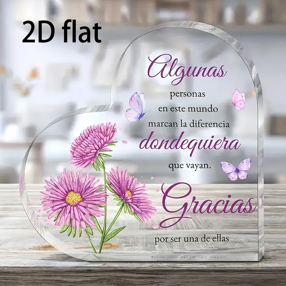 2D Flat, 1pc Heart-Shaped Acrylic Decoration with Spanish Thank You Quote - Mother's Day Gift for Mom, Pink Floral & Butterfly
