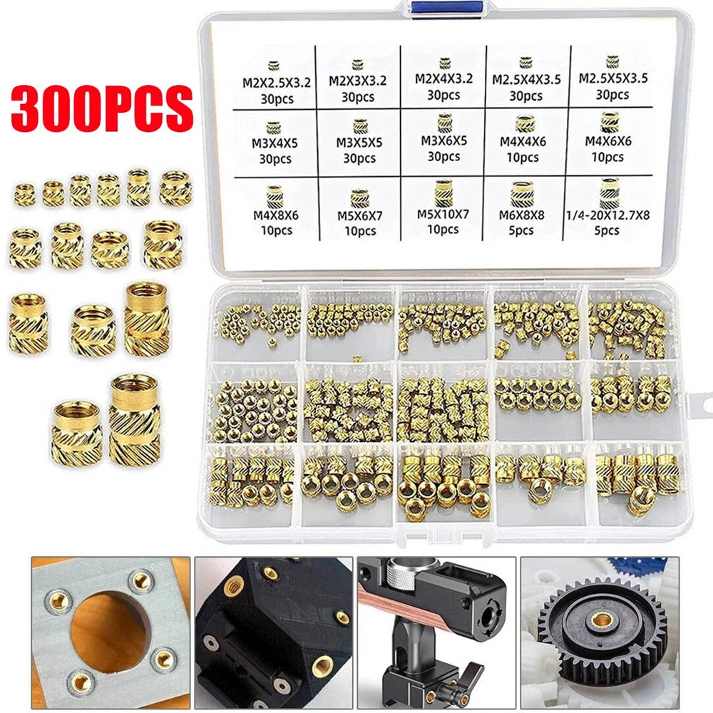 300Pcs Brass Knurled Nut M2 M2.5 M3 M4 M5 M6 1/4-20 Threaded Heat Set Inserts for Plastic 3D Printing Parts Insert Embedment Nut