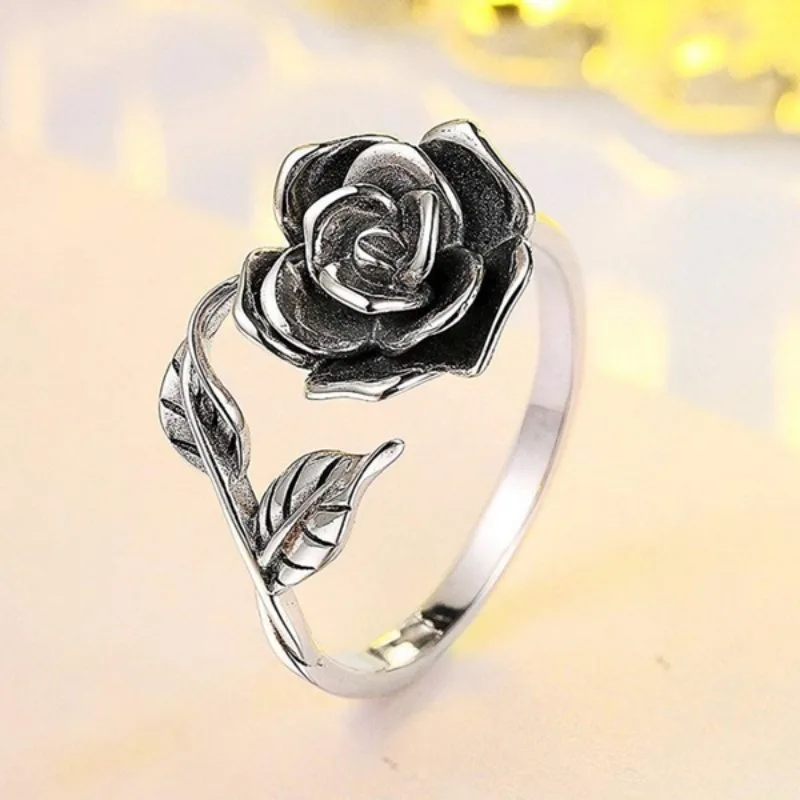 Vintage Elegant Silver Color Rose Flower Rings for Women Female Party Wedding Party Jewelry Accessories Anniversary