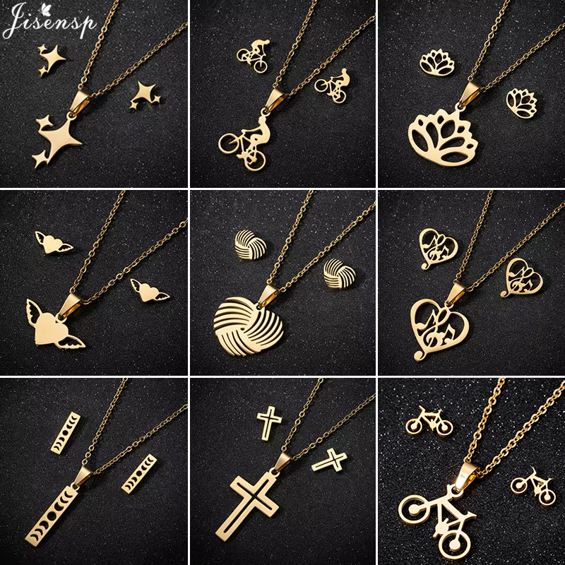 Stainless Steel Star Jewelry Sets for Women Minimalist Heart Daisy Cross Music Moon Necklace Earrings Bicycle Fitness Accessorie