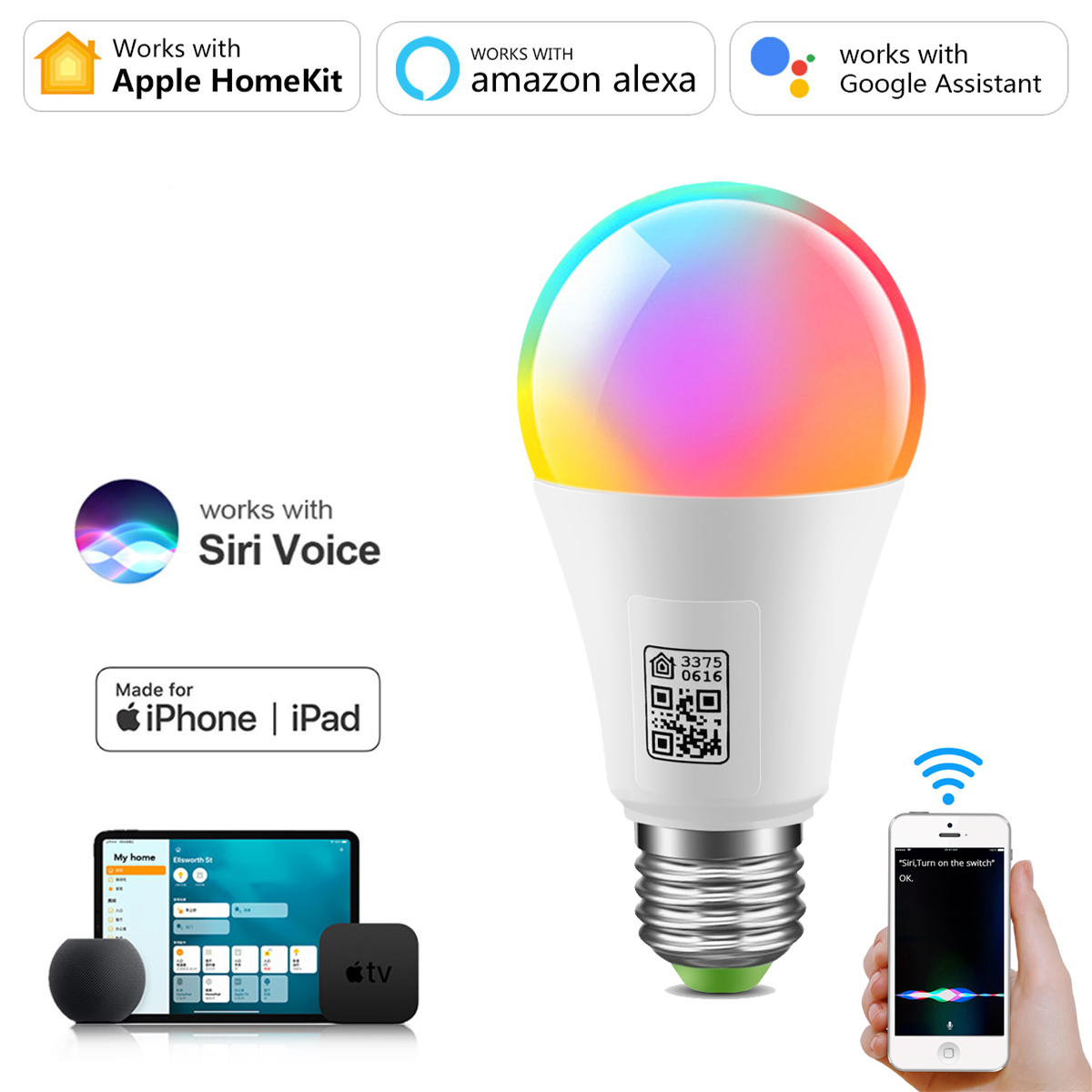 Homekit Smart Wifi Light Bulb Multicoloured Dimmable E27 LED Bulbs Siri Control work with Home Kit Alexa Assistitan lightify