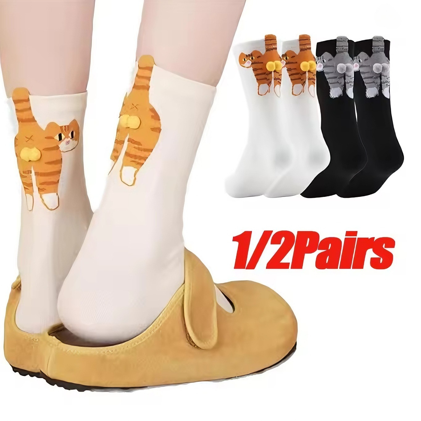 1/2 Pairs 3D Cat Ankle Socks, Cute Cotton Socks for Women, Black White Funny Novelty Socks, Soft Breathable Kawaii Set