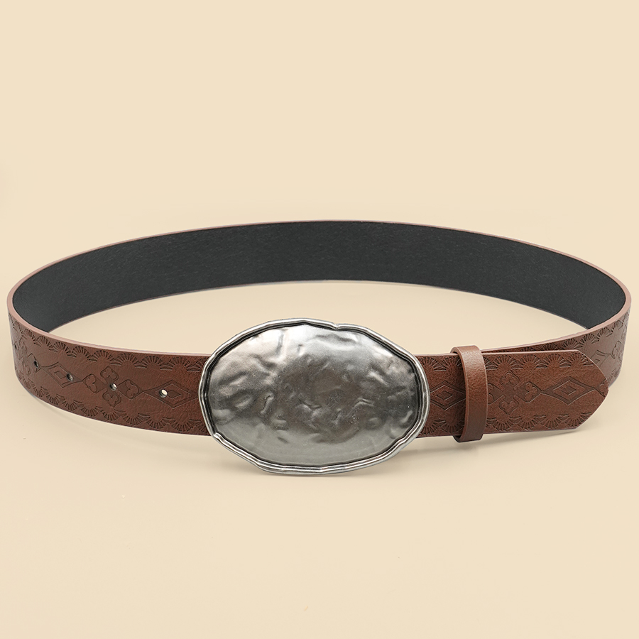 Brown Vintage Printed Casual Pu Belt - Distressed Oval Buckle Design, Classic Decorative Waistband