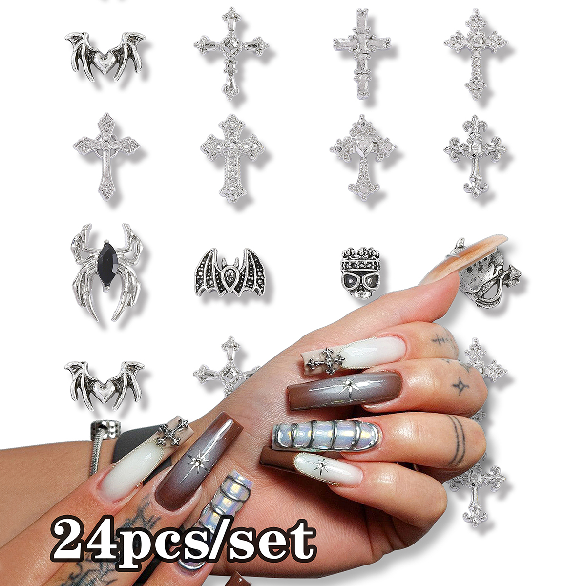 24pcs Dark Wind Cross Skull Spider Bat Nail Art Decoration, Y2K Metal Nail Art Gems, Vintage Gothic DIY Nail Art Decoration