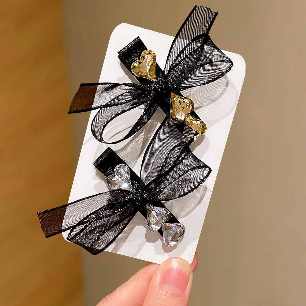2-Pack Tulle Bow Hair Clips with Resin Hearts, Ideal for Daily & Party Use