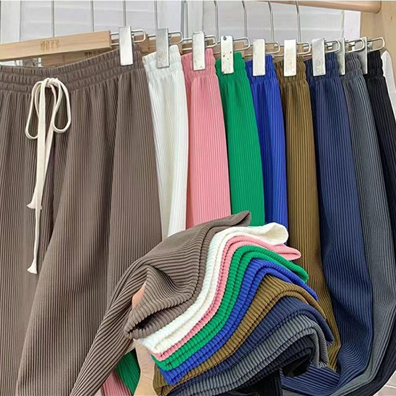 Women High Stretch Waist Wide Leg Pants Summer Drawstring Loose Long Rib Knitted Trousers