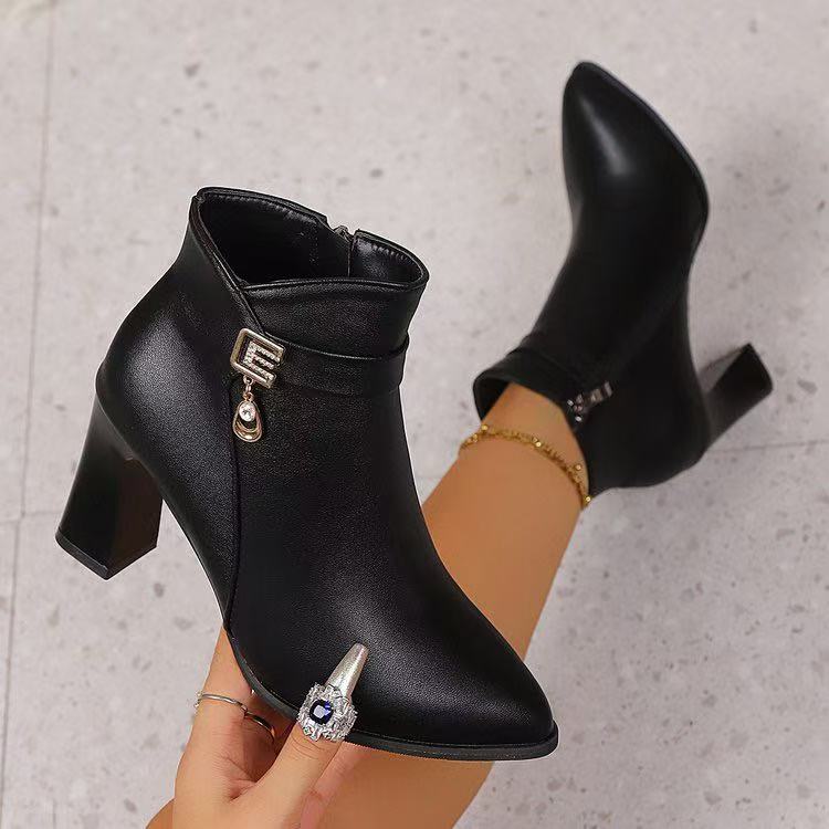 Premium Ankle Boots Block Heel Side Chain Pointed Toe Leather Water Resistant Light Weight Boot For Women914