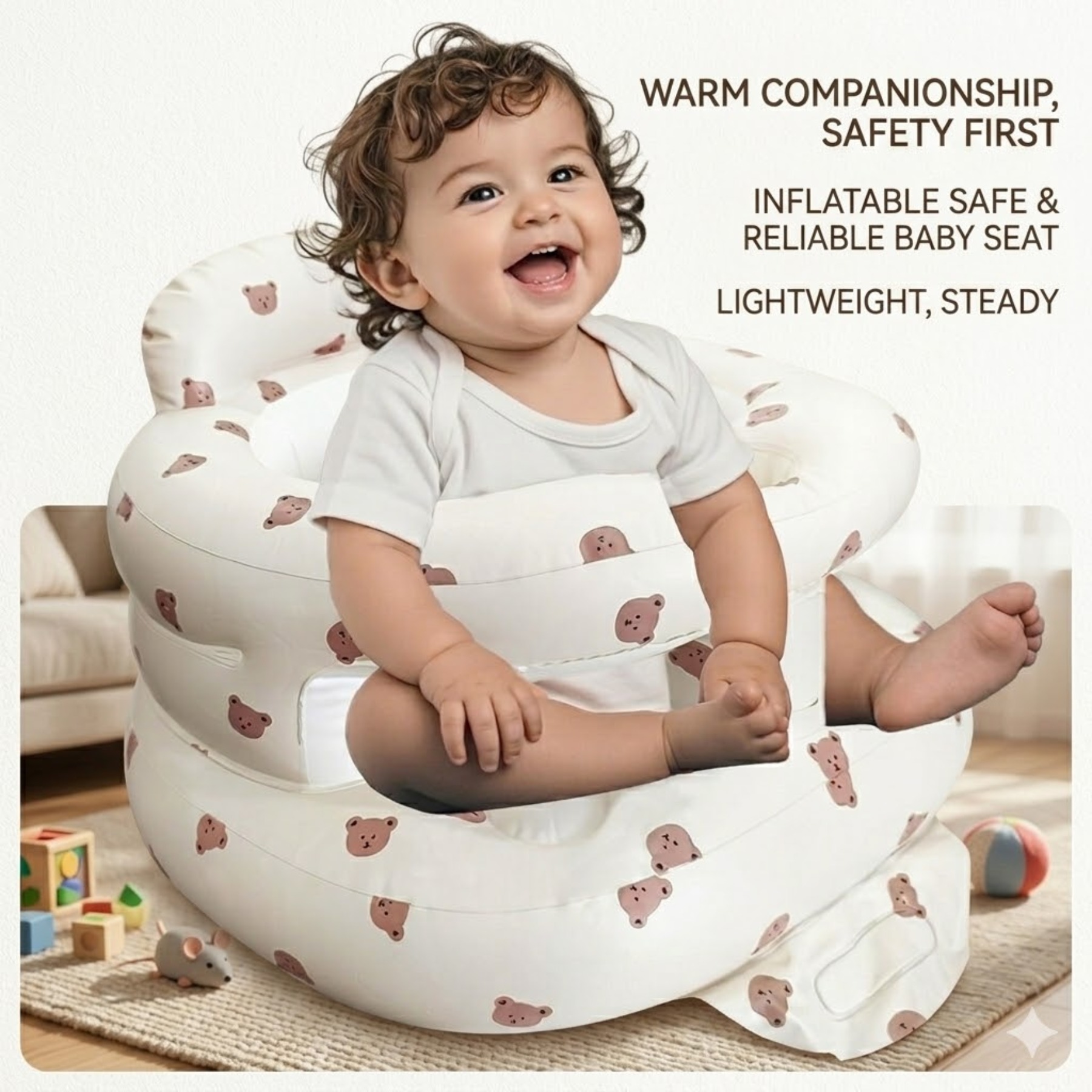 Inflatable Baby Seat 3-36M, Portable Blow-Up Chair with Fence, Air Pump & Back Support, Bear Style for Home Travel