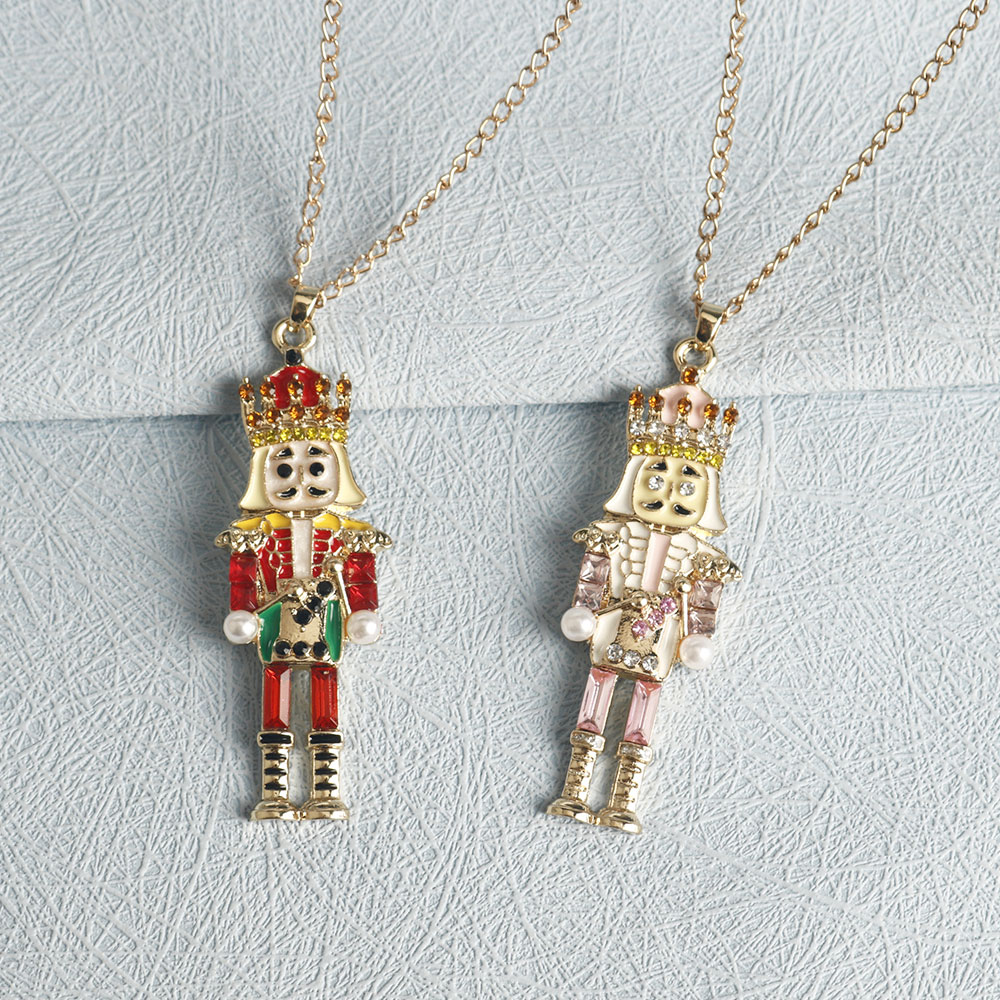 Christmas Fun Cute Crystal Nutcracker Stud Necklace ,Pink Rhinestones Elegant Necklace, Holiday Party Jewelry