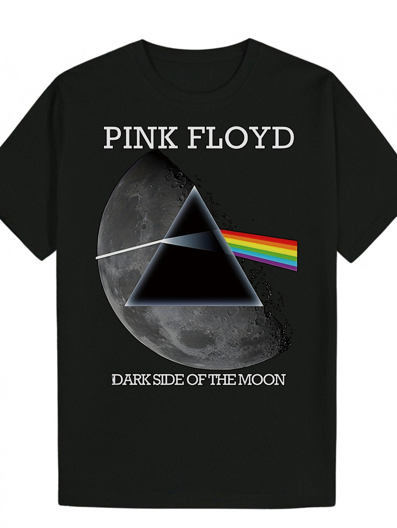 Men's Casual T-Shirt Black - Pink Floyd Dark Side of The Moon Album Art Print with Rainbow Triangle & Moon Design, Crew Neck