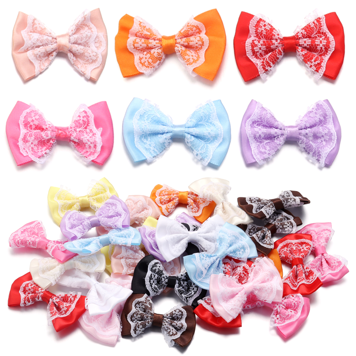 20pcs/lot 3.5x5.7cm Polyester Ribbon Bow Colourful Lace Satin Bows Double Layers for DIY Sewing Crafts Garment Headwear Supplies