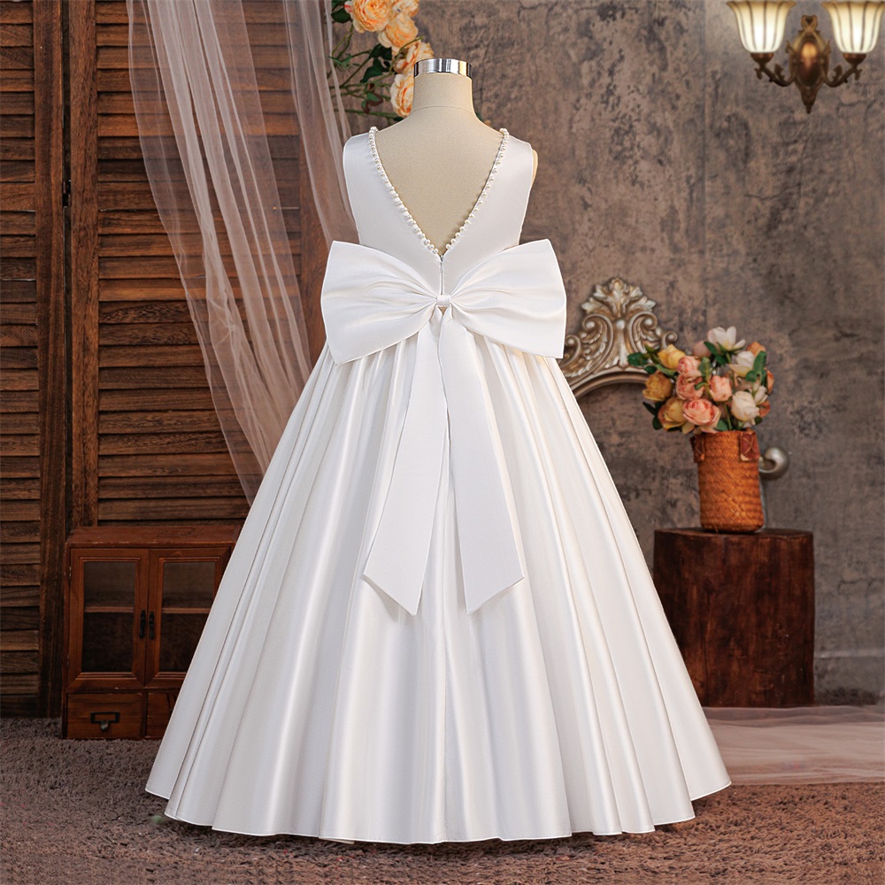 White Flower Girl Beading Bow Mesh Wedding Ball Gown Model Piano Performance Costume Banquet Birthday Ball Host Princess Dress