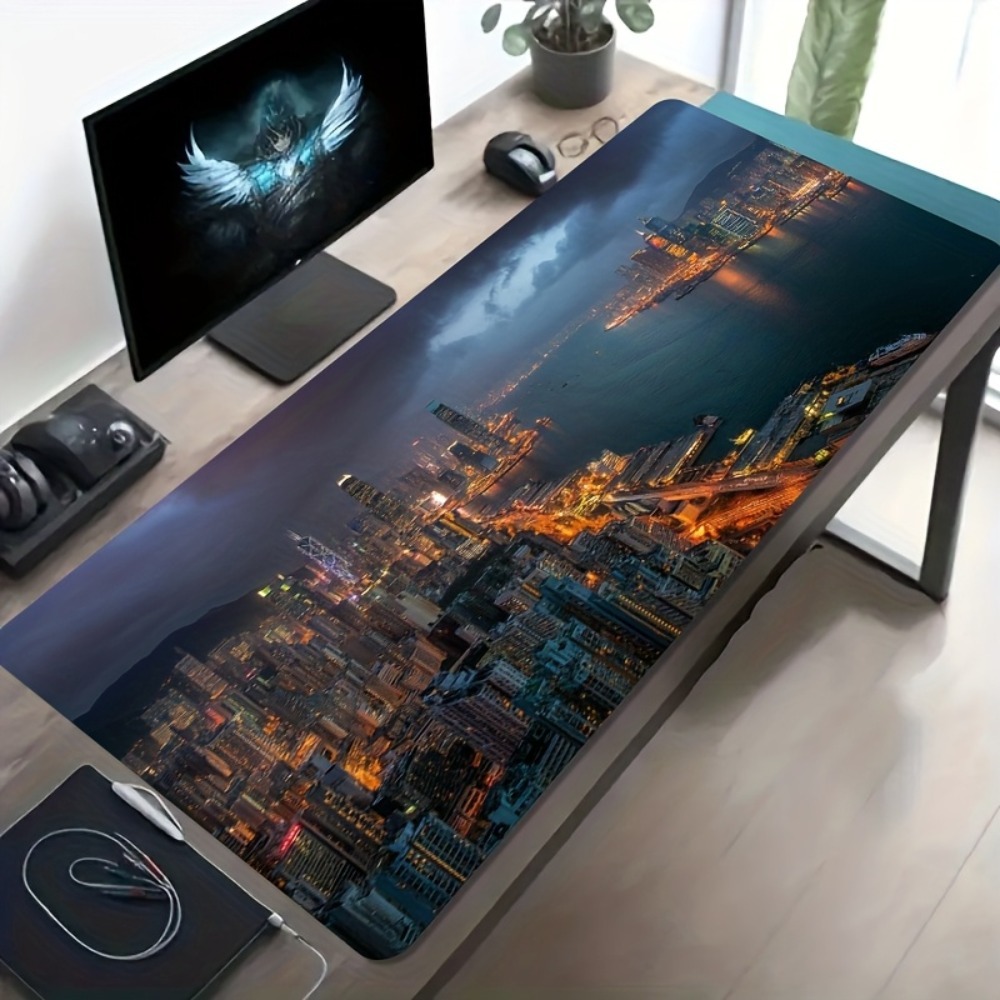 Artistic Hong Kong Night Skyline Oversized Mouse Pad Non-Slip Washable Rubber Desk Mat for Office