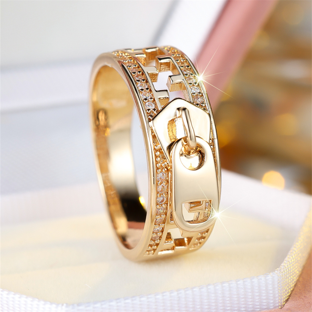 Cute Zipper White Zircon Hollow Rings For Women Vintage Gold Color Engagement Ring Wedding Jewelry Bridal Valentine's Day s