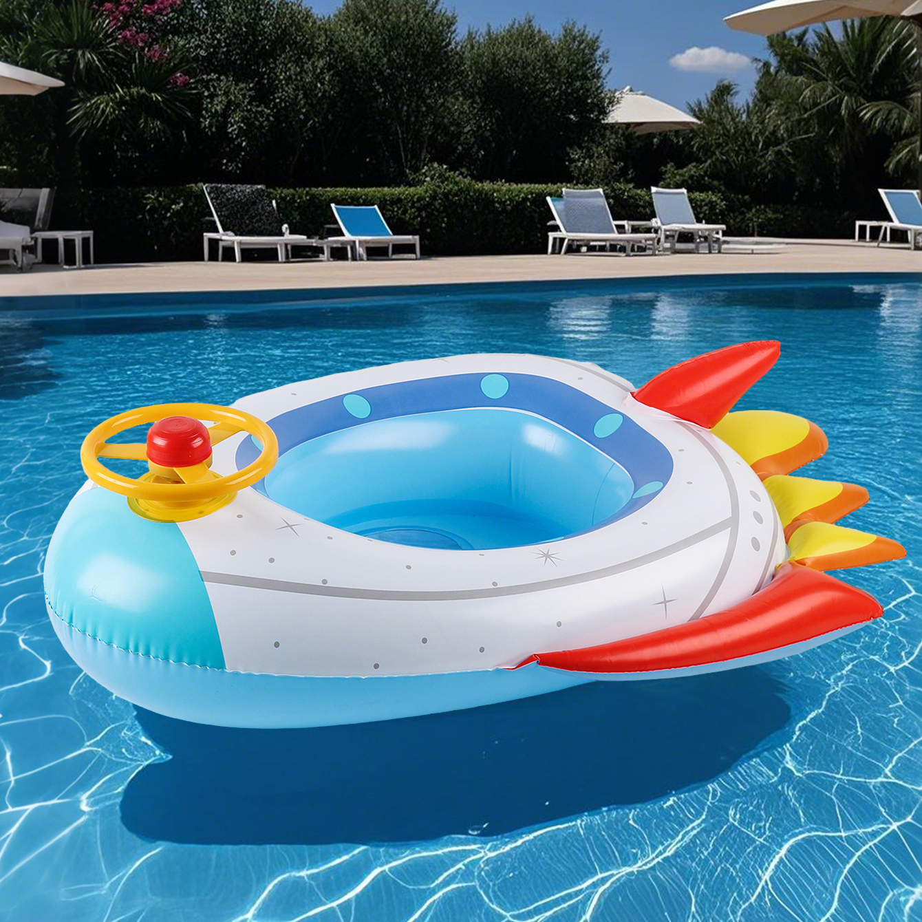 1PC Rocket-shaped Thickened Inflatable Seat Ring with Steering Wheel, Summer Underarm Float for Pool & Beach Parties