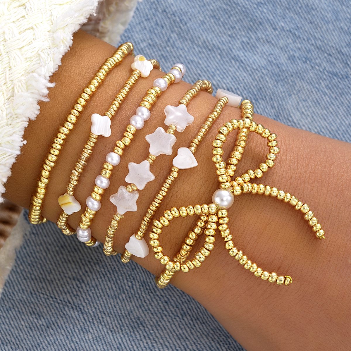 6Pcs/Set Vintage Bohemian Beaded Bracelets for Women Gold Color Star Heart Pearl Bowknot Bracelets Set Trendy Jewelry New