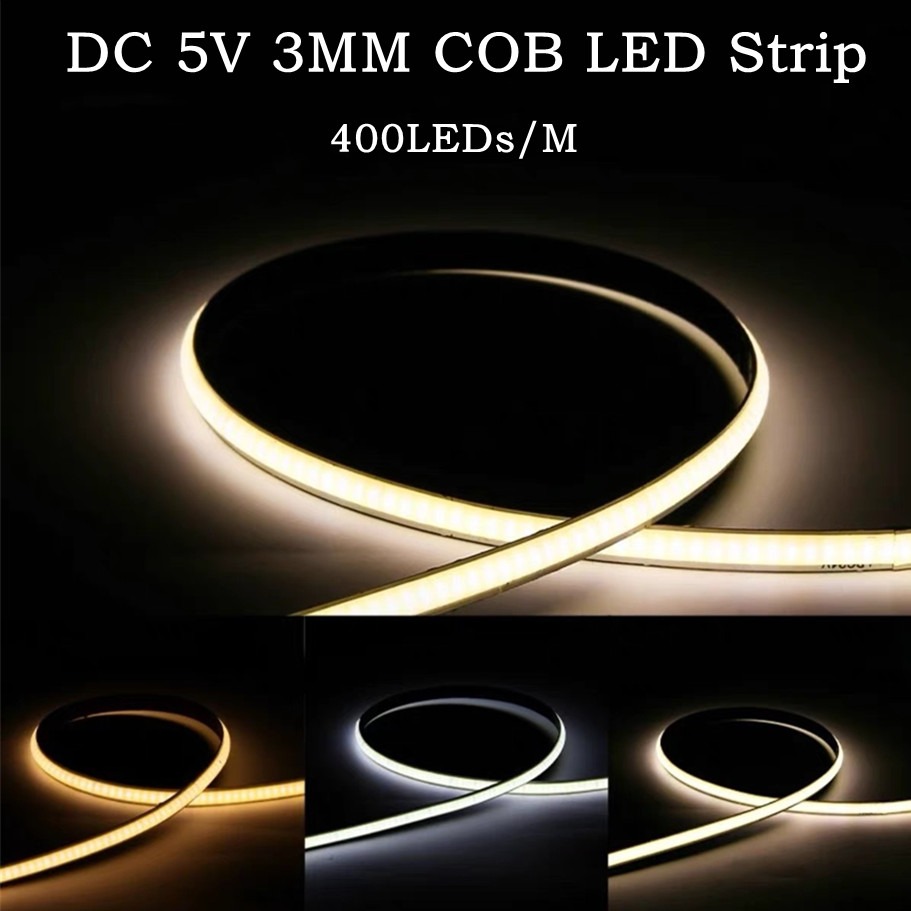 Ultra Thin 5V COB LED Strip Colorful Dimmable 3MM High Density Flexible Light 400LEDs With USB/DC Plug Or 2Pin Wire For DIY Home