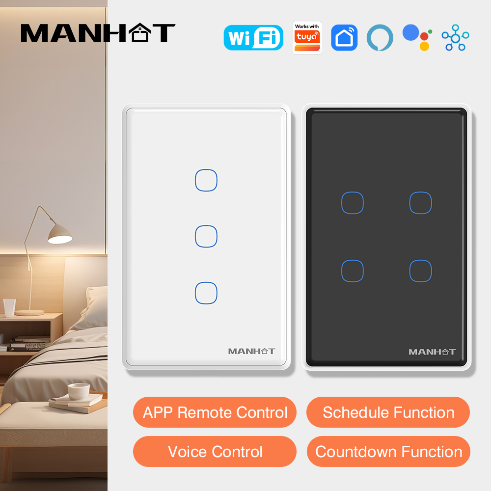 Tuya WiFi US Smart Light Switch Neutral Wire/No Neutral Wire Required Wall Touch Switch App Control Work With Alexa Home lightify