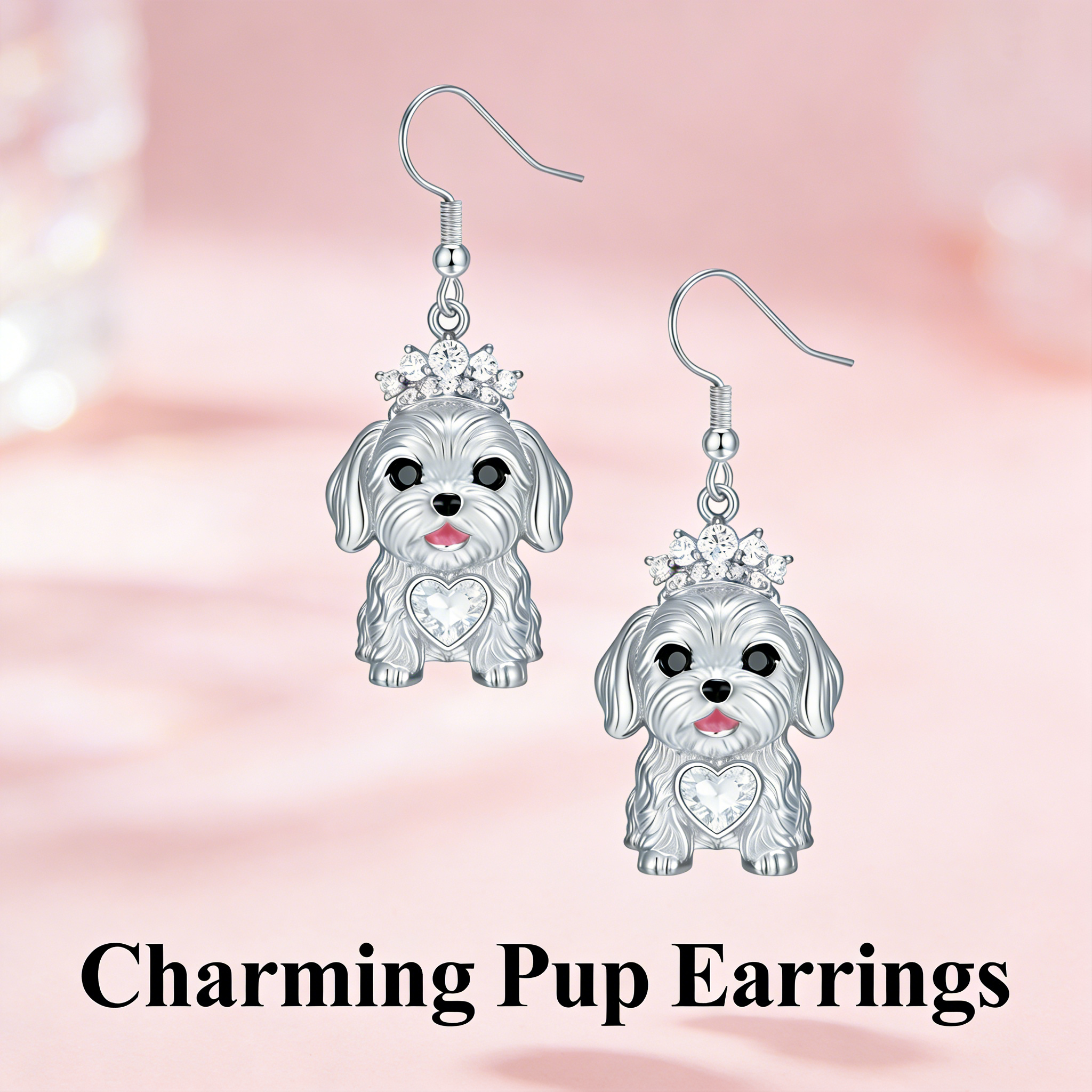 Silvery Zinc Alloy Cute Maltese Dog Earrings Clear Faux Rhinestone Crown Heart Maltese Lover for Women Girls