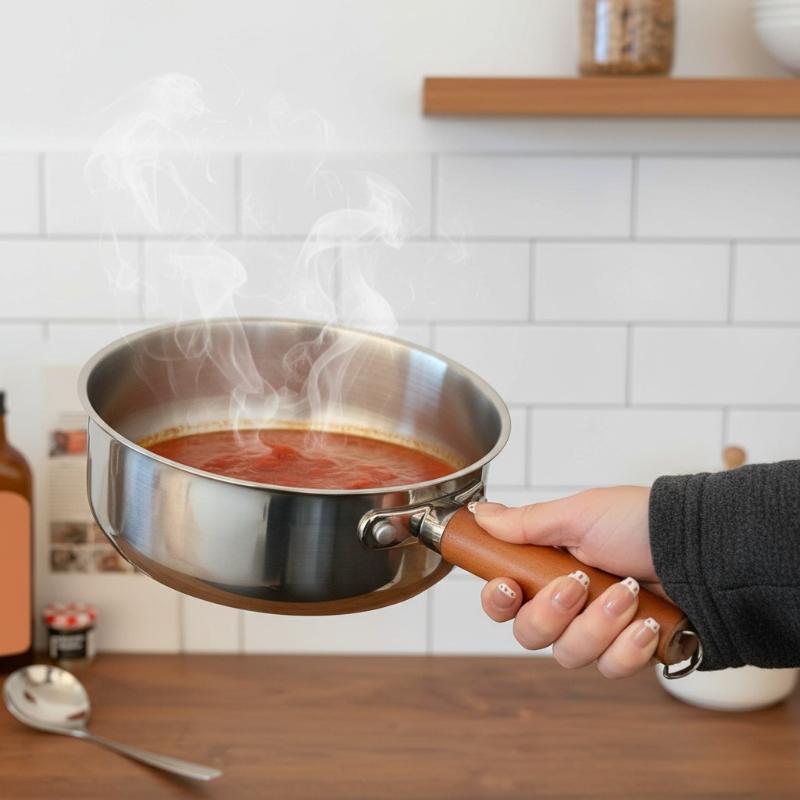 1Pieces Stainless Steel Noodle Pot For One Person High-End Look With Wood Finish Compact Small Cooking Pot Outdoor Tableware