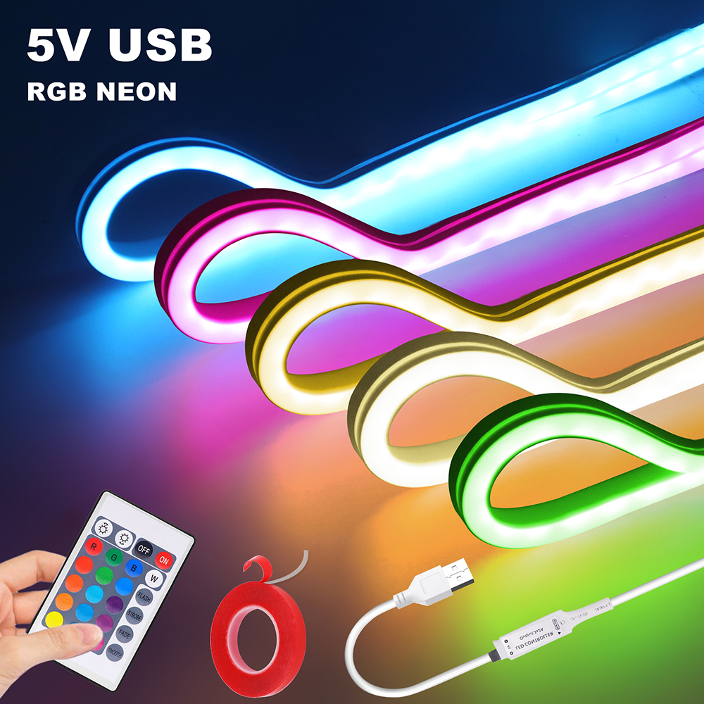 5V USB RGB LED Neon Strip 1M 2M 3M 5M Flexible LED Strip with Remote Control Waterproof Neon Silicone Ribbon Adhesive Tape