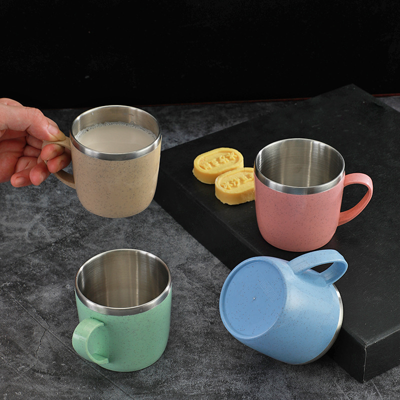 1pc Double Layer Anti-scalding Stainless Steel Cups Plastic Handle Coffee Milk Mug Tea Drinks Water Cup for Home Office Tumbler