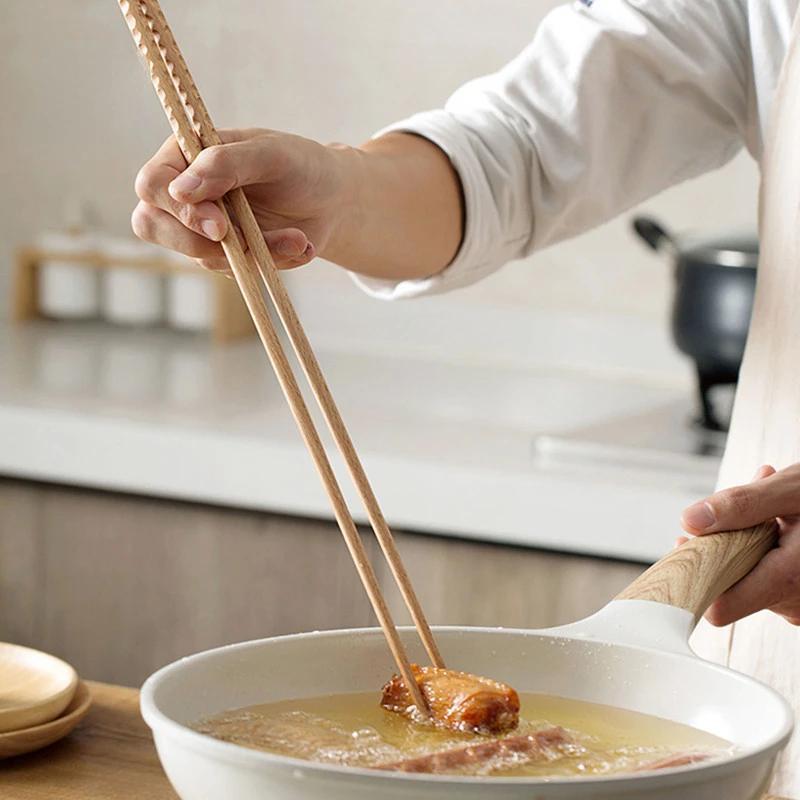 1 pair Japanese Extra Long Wooden Chopsticks Polished Beech Wood Fried Food Noodle Anti-slip Chopsticks Kitchen Cooking Tools