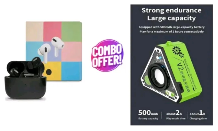 Combo VEHOP V2 5W Wireless Bluetooth Mini Speaker with Loud Sound & Punchy Bass, 52mm Driver with A4 Pro AIrpods Wireless Bluetooth Earbuds with 360 Surround, Bt V5.3 Quick Connect