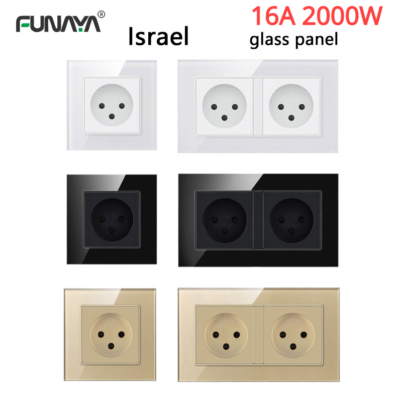 Israel Wall Power Socket 1 2 Outlets 16A 2000W 86 146mm Power Israelites Plug Home Glass usb Panel Black White Office Socket