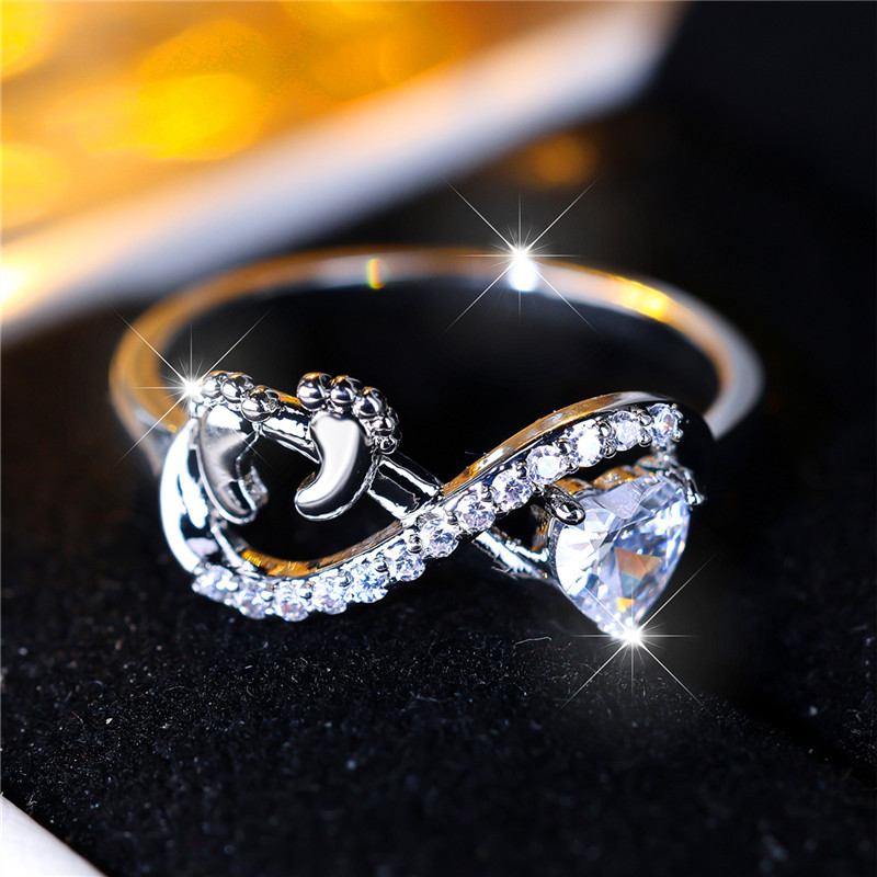 Female Fashion White Zircon Love Heart Stone Footprint Infinity Ring Vintage Silver Color Wedding Jewelry For Women