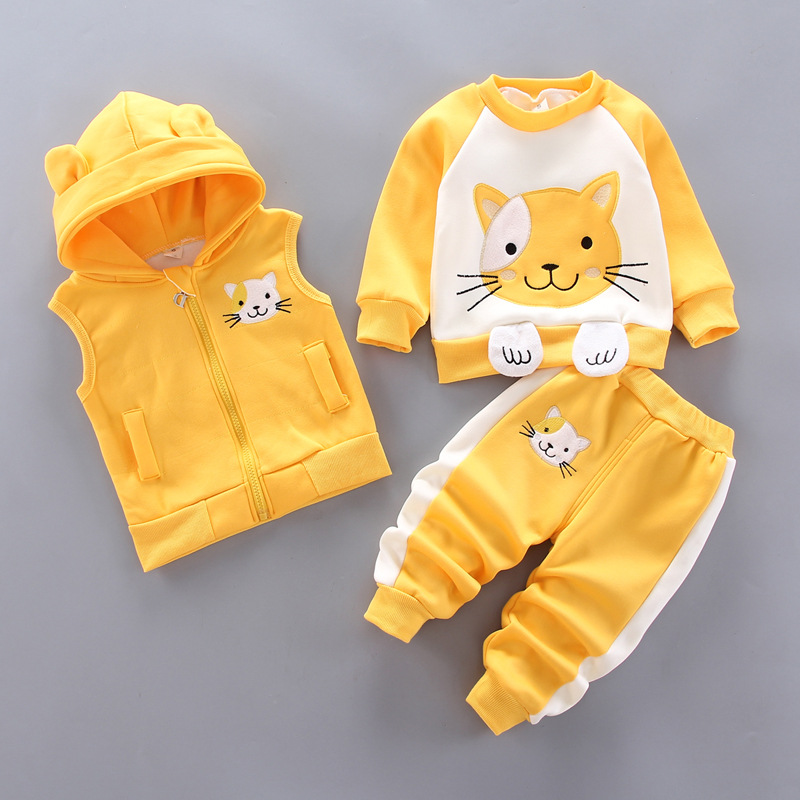 ( YELLOW/110 ) Winter Baby Fleece Clothing Sets Autumn Boys Girls Cotton Thicken Hooded Sweater Cartoon Bear Pants 3Pcs Kids Warm Outfits Bles Online DZ-35A-10