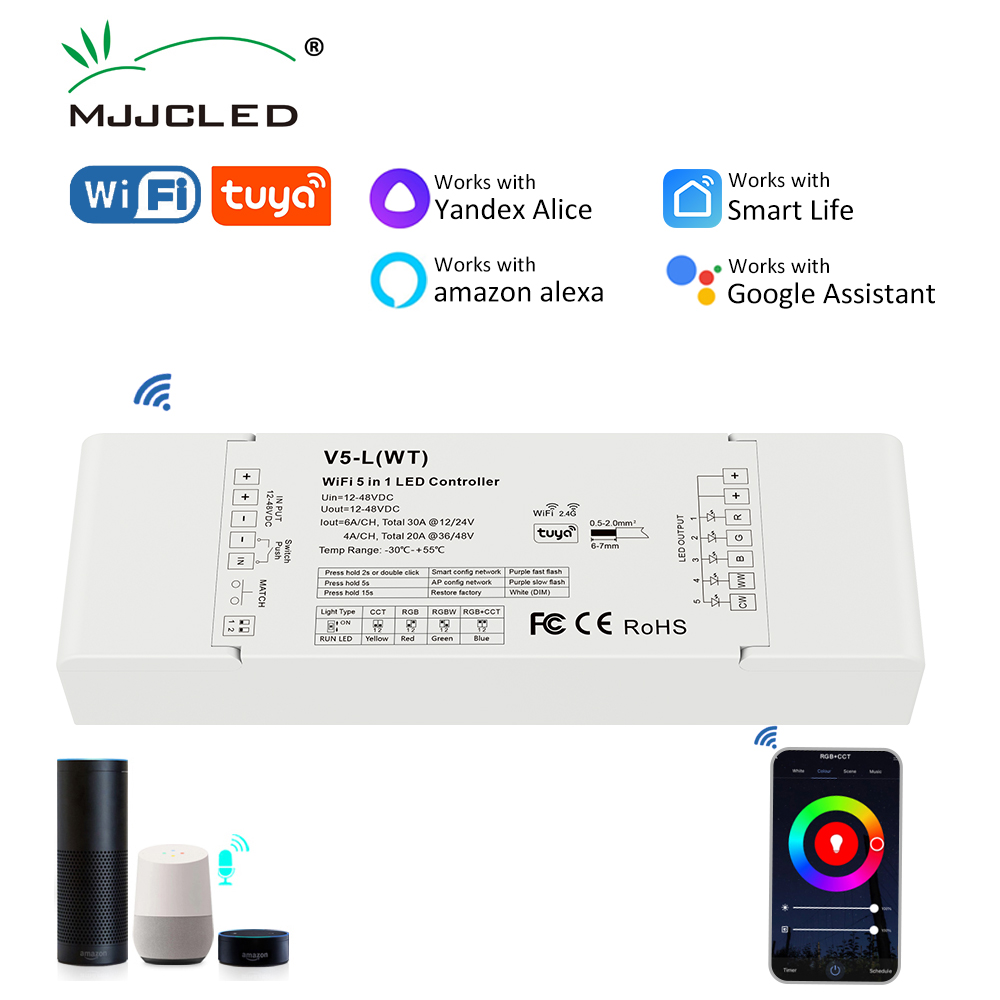 CENFAYA WiFi 5 in1 LED Controller DC 12V 24V 36V 48V 30A Dimmer With AC Push Switch Dimming TUYA APP Voice Control Music Model