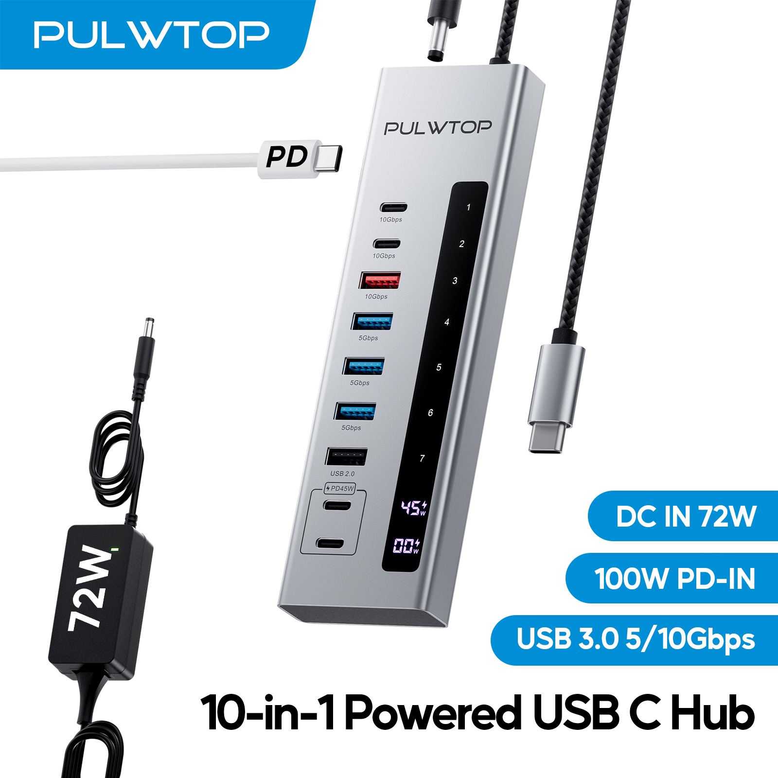 PULWTOP 10-in-1 Powered USB C Hub, USB 3.2 Data Hub with USB A/C 10Gbps, USBA 5Gbps, 100W PD, 24/45W Type-C Charging Ports