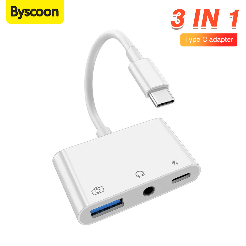 Byscoon 3 IN 1 Type C to USB 3.0 PD Fast Charge Data Transmission 3.5mm OTG Adapter Converter for iPhone 15 Headset