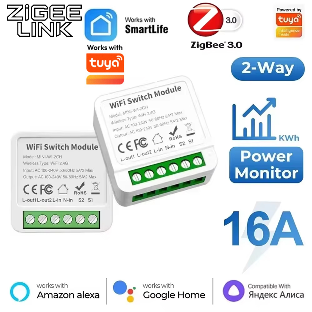 ZigBee or WiFi Smart Switch Module 16A/20A Mini Relay Breaker Smart Home Automation Works with Tuya Alexa