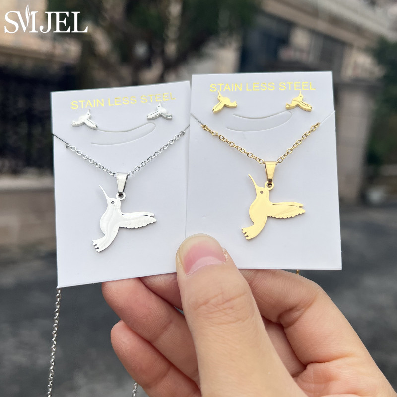 SMJEL Unique Animal Stainless Steel Earrings Small Flying Bird Pendant Hummingbird Necklace for Women Jewelry Personality pen gpt