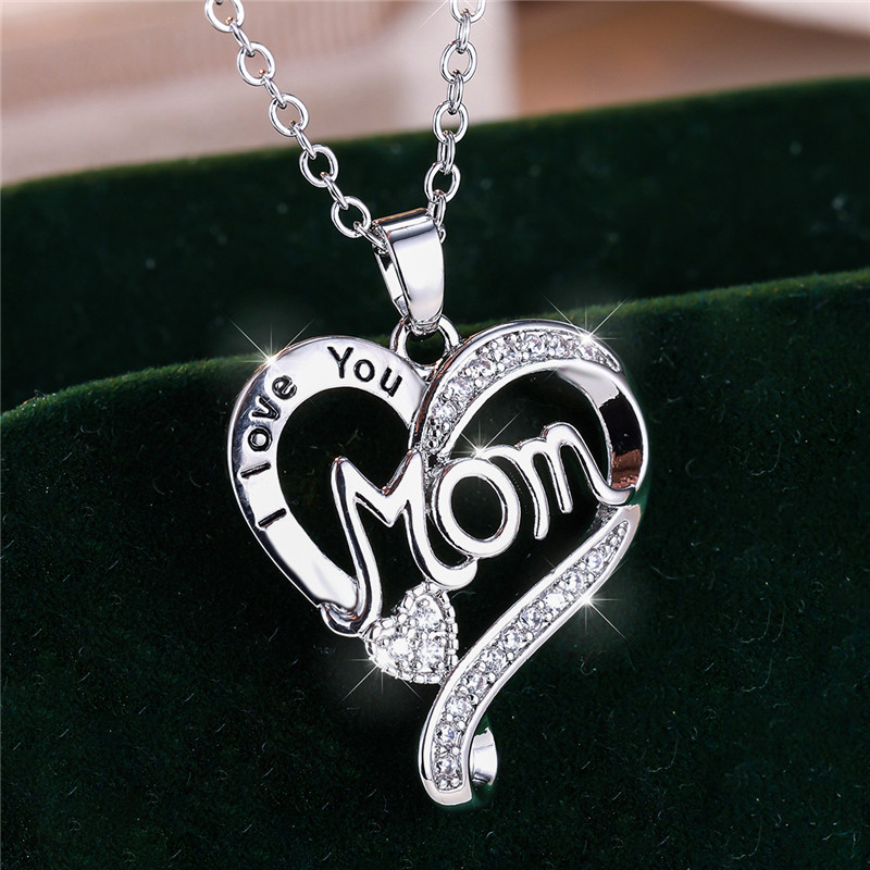 Cute Female Crystal Mom Letter Heart Pendant Necklace Vintage Wedding Jewelry For Women Mother's Day