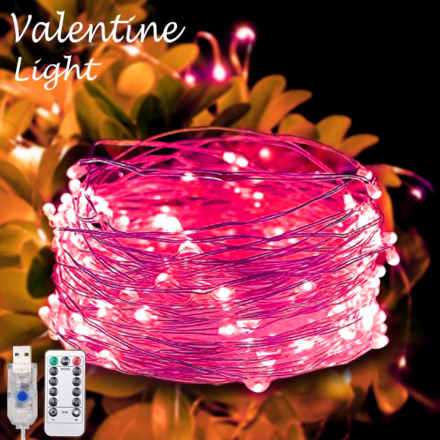 10/20M Pink LED Fairy String Lights Valentines Day Romantic Decoration 100/200LED USB Remote Garland For Wedding Home Decoration