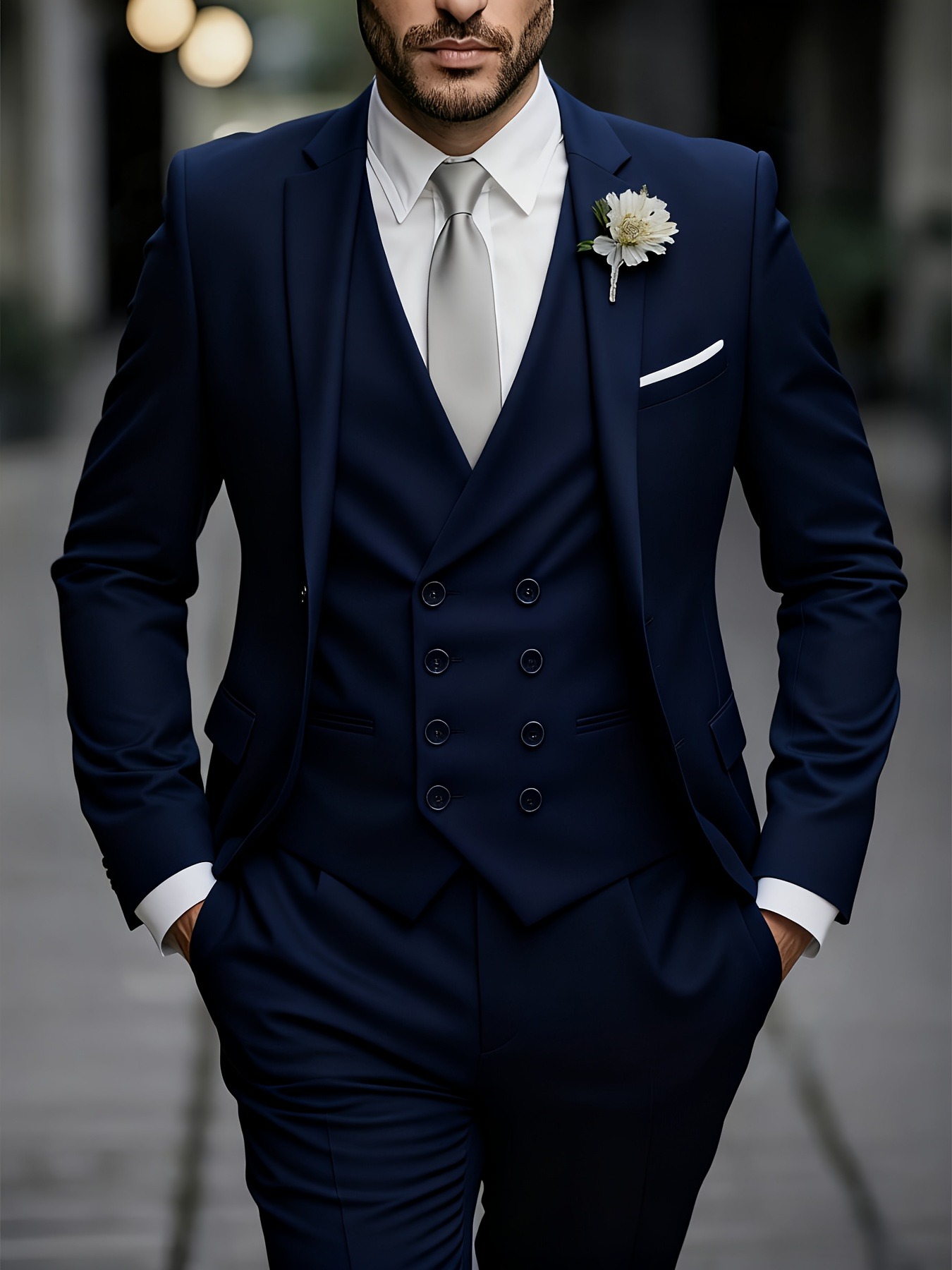 Men's business interior and exterior double-color 3-piece suit suit, one-button solid-color jacket and pants, vest, suitable for
