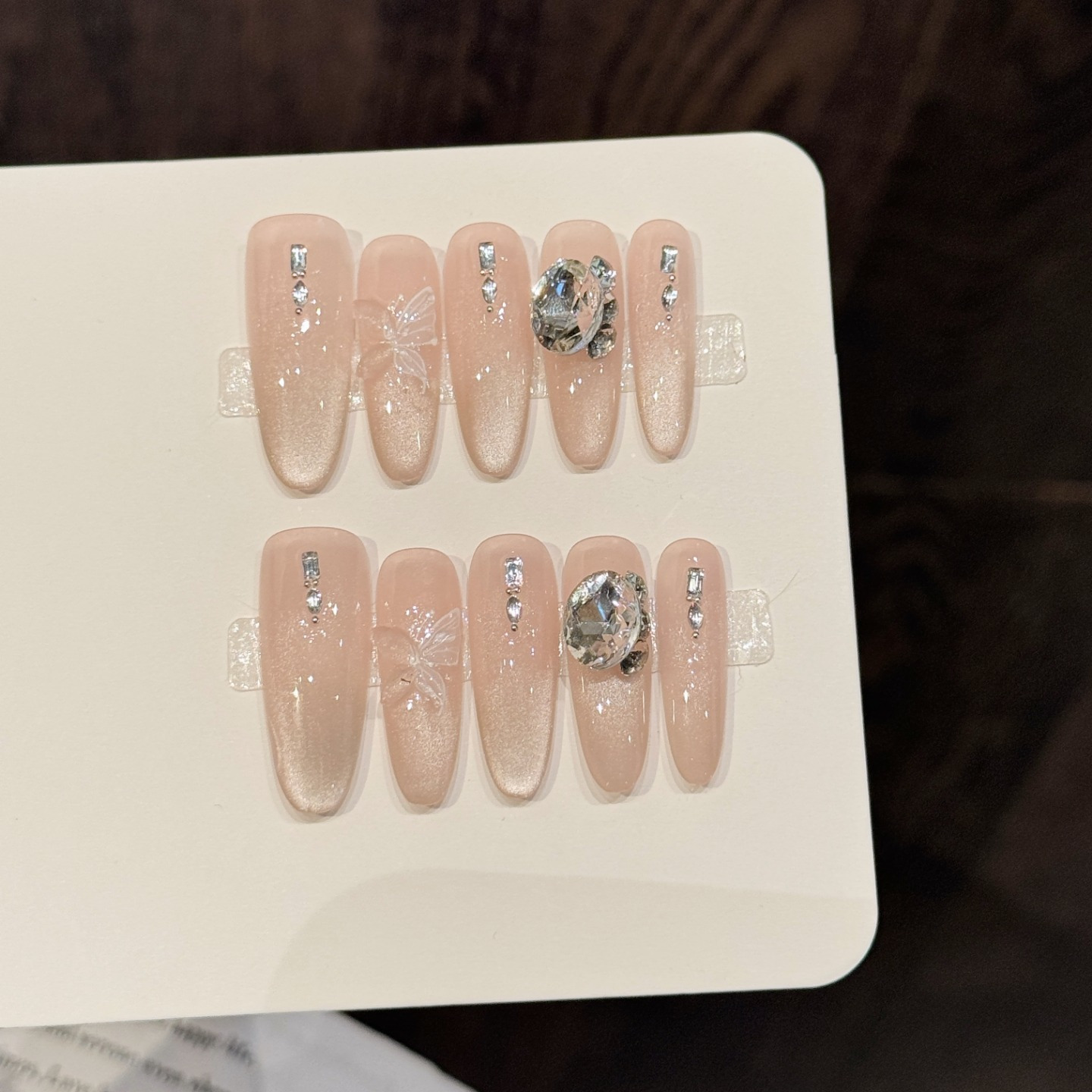10pcs Handmade Pressed Coffin Nail,Nice Fake Nails,Shiny Black And Blue Cat's Eye, With Flowers,Suitable For Women To Use