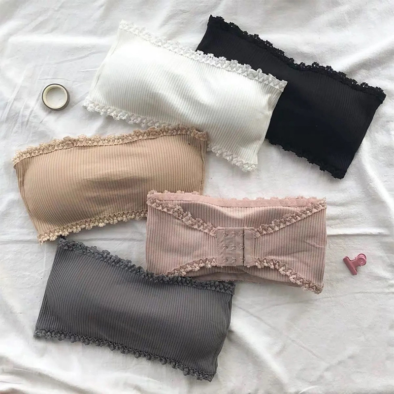 Strapless Bra Women Invisible Chest Tube Top Solid Color Lace Side Lingerie