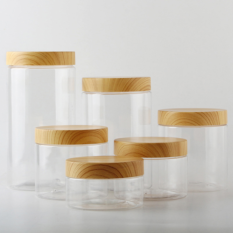 1pc 200/400/500/1000ML Plastic Empty Clear Jar Container With Plastic Imitation Wood Lid Plastic Storage Bottle