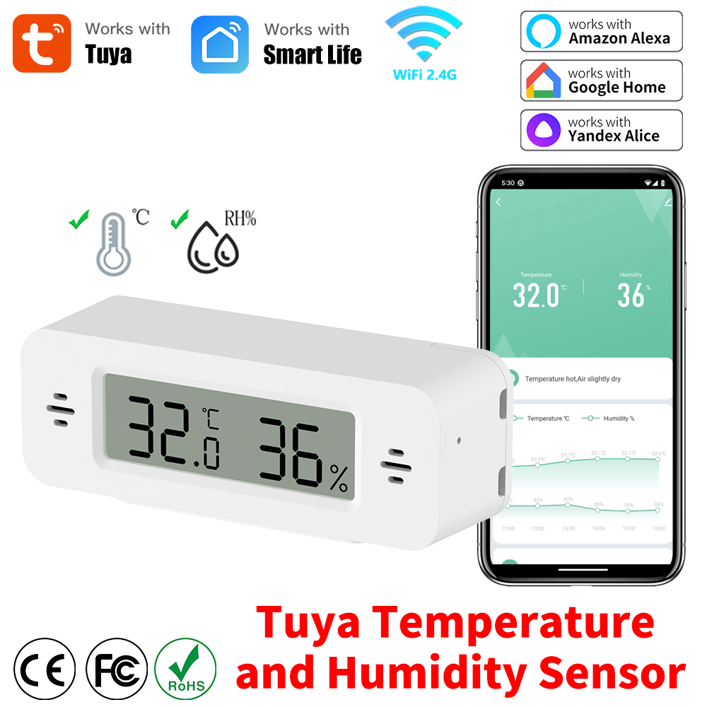 Tuya WiFi Mini Temperature Humidity For Smart Home Thermometer Hygrometer APP Remote Alarm Work with Home Yandex Alexa