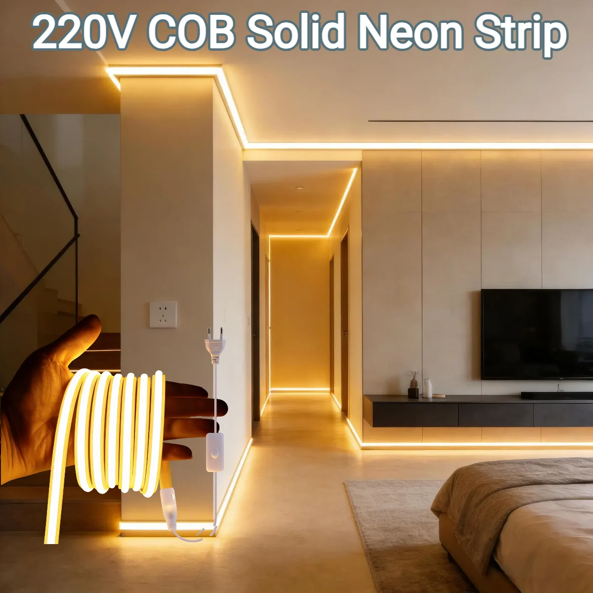 220V High Lumen COB LED Solid Neon Strip Light Soft Silicone Gel Tube Fireproof Waterproof DIY Cuttable