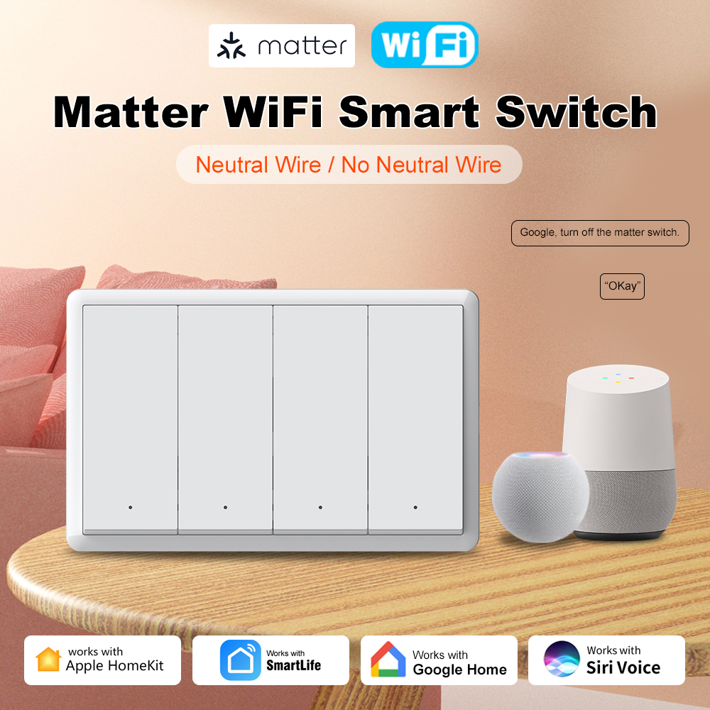 MANHOT WiFi Matter Smart Switch Neutral Wire Optional Push Button Light Switch US Switch Work With Tuya Alexa Home