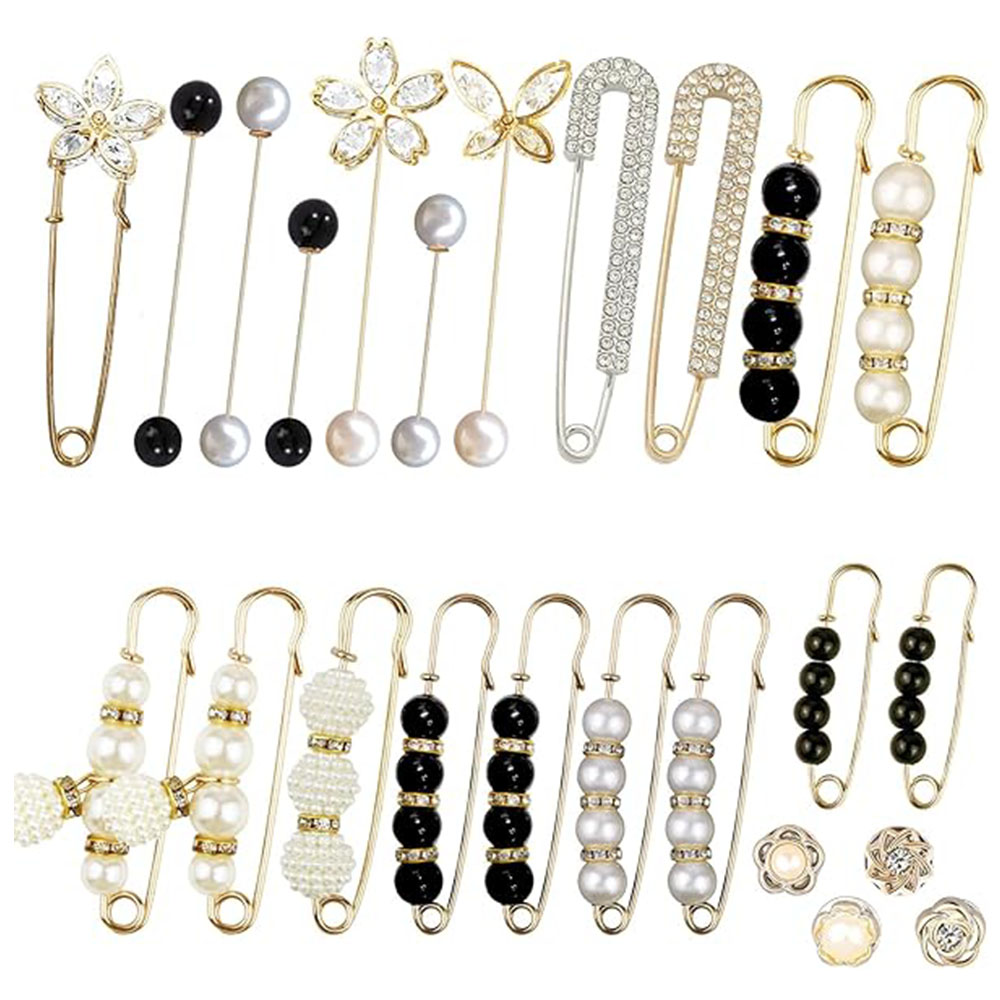 24Pcs Pearl Crystal Brooch Safety Pins Button Pins,Clothes Sweater Shawl Shirt Jeans Decoration Accessories for Women