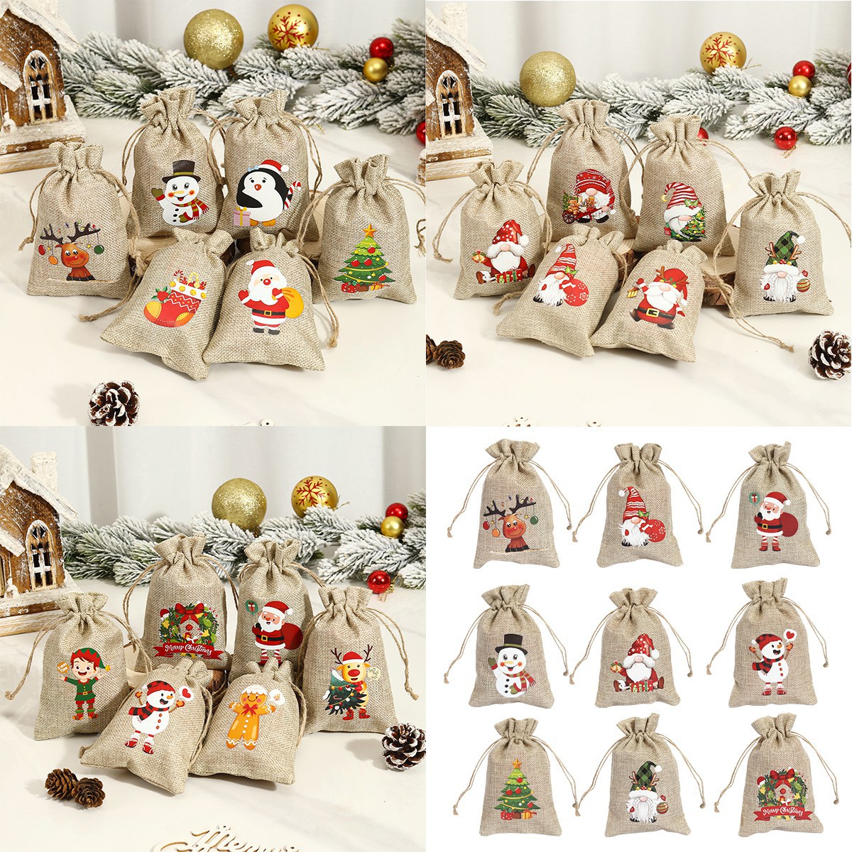 6PCS Linen Drawstring Bags Burlap Pouchs Decoration for Home 2026 Xmas Natal Noel Packaging Bags