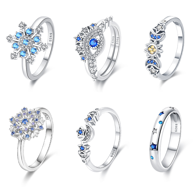 Rings For Women 925 Silver Color Popular Blue Zircon Blossom Flower Snowflake Stars Moon Rings Wedding Party Romantic Jewelry