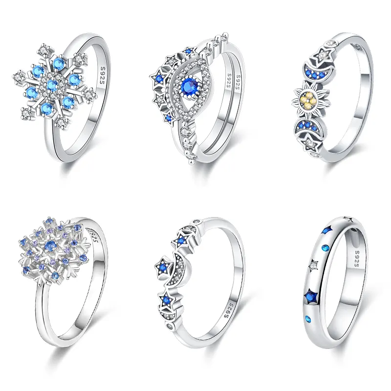 Rings For Women 925 Silver Color Popular Blue Zircon Blossom Flower Snowflake Stars Moon Rings Wedding Party Romantic Jewelry